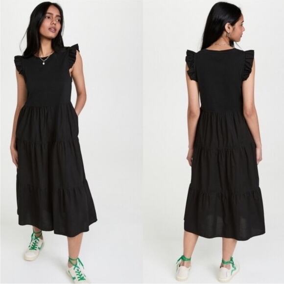 NATION LTD Sissy Ruffled Black Dress Tiered Midi Sundress size Small - Picture 1 of 10